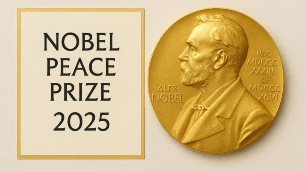 Venezuelan opposition leader María Corina Machado celebrates after being awarded the 2025 Nobel Peace Prize in Oslo, Norway, recognized for her courage in defending democracy and human rights